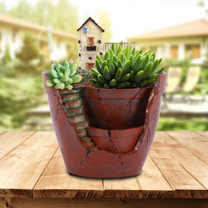 Planter Flower Plant Pots Fairy Garden Pot with Sweet House- Brown - stilyo